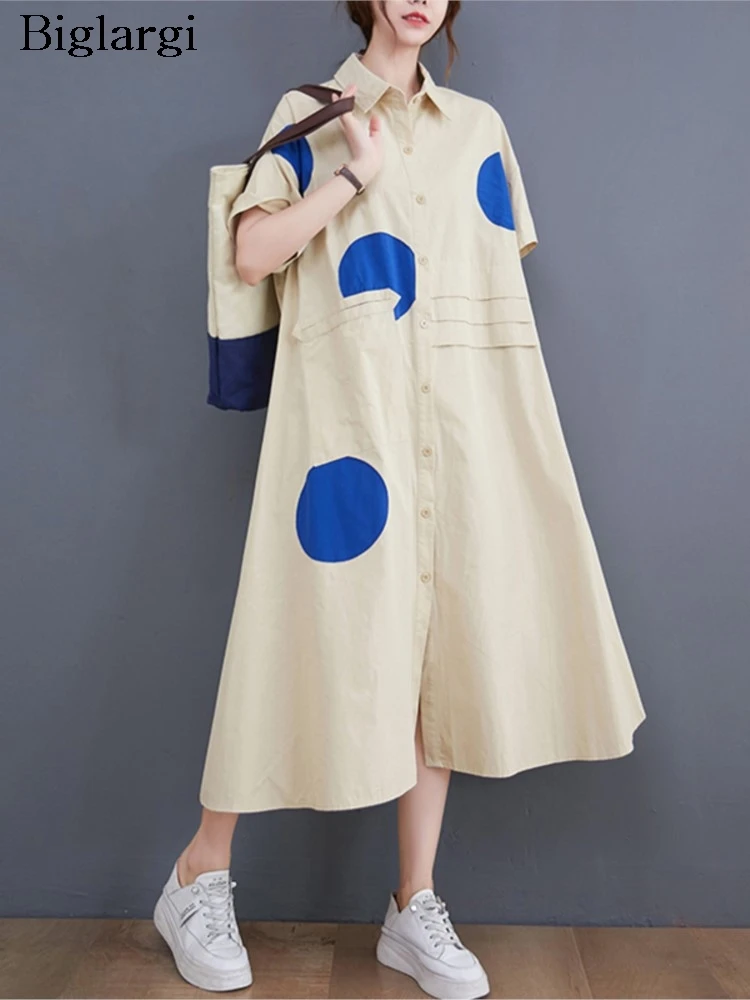 

Платье-рубашка женское средней длины, модное свободное плиссированное платье-трапеция в горошек, с оборками, в стиле оверсайз, на лето