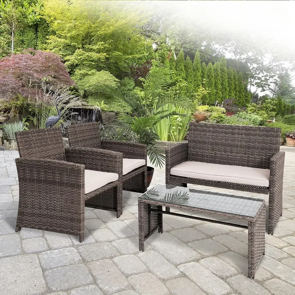 

Furniture 4 Piece Accessories and Decor Outdoor, Balcony Patio Conversation, Bistro Set, PE Rattan Wicker Chairs w/Soft Cushion