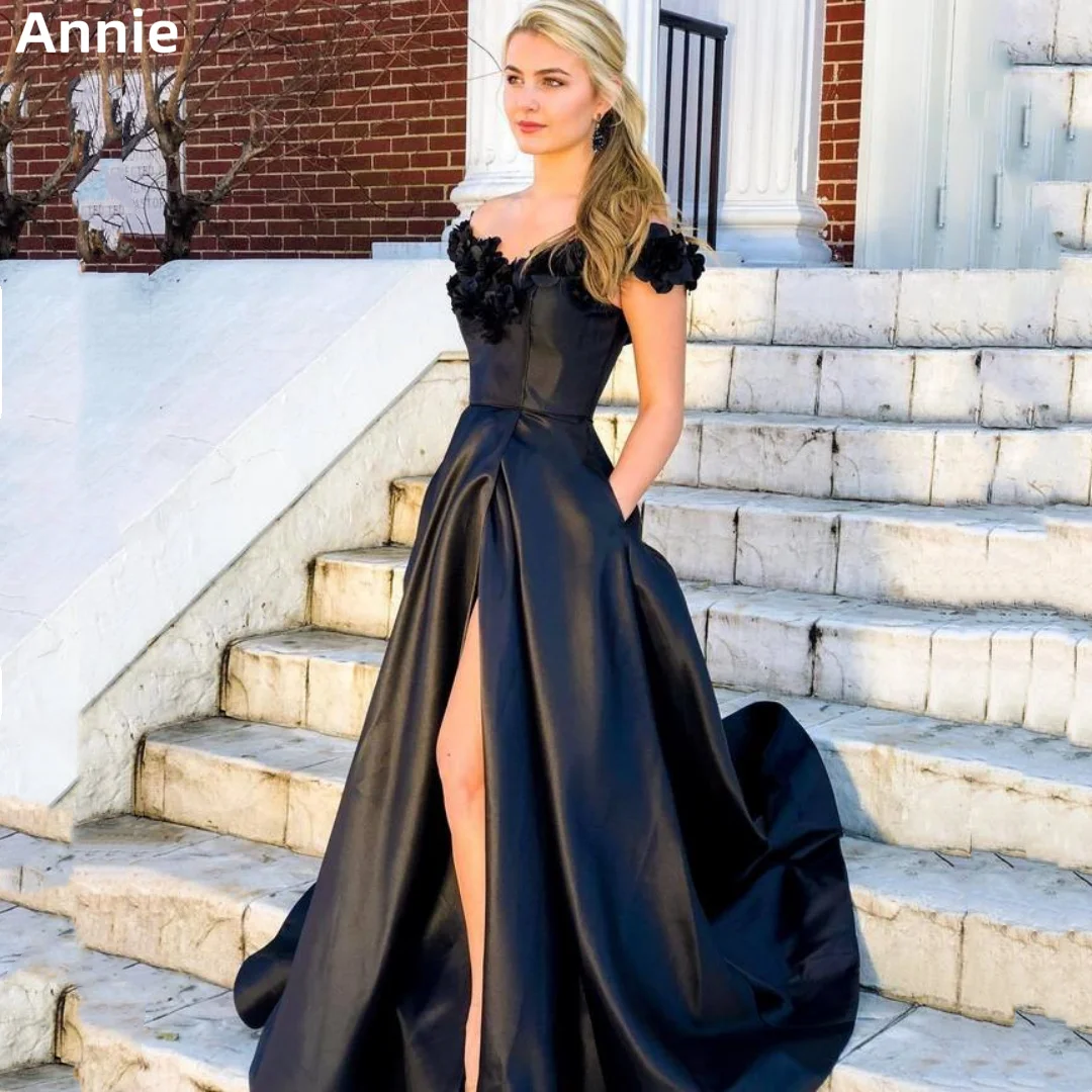 

Annie Sexy Side Slit Prom Dresses Black Satin Party Dresses Ground Length 2023 Vestidos De Noche فساتين للحفلات الراقصة