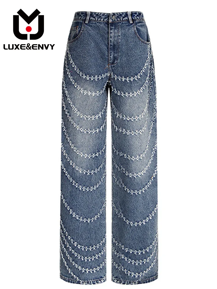 

LUXE&ENVY Girl Bombed Street Hole Jeans Female High Waist Slim Straight Leg Wide Pants Loose Sweeping Beggar Women 2023 Summer