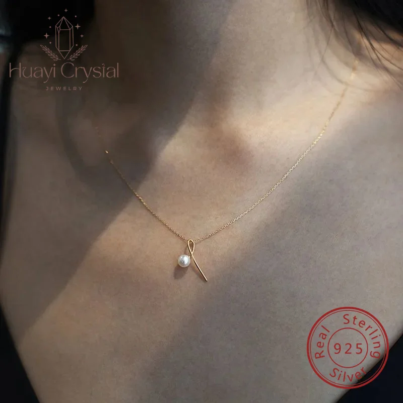 

S925 sterling silver necklace single Pearl twin sense simple graceful female pendant clavicle chain