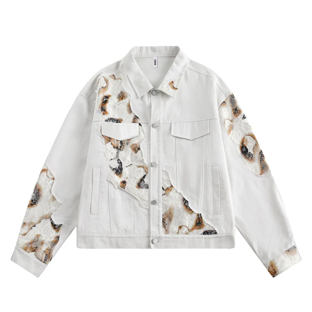 Lace Burned Patchwork Jean Jackets Men Women White Denim Men's Jackets Streetwear Clothes
Lace Burned Patchwork Jean Jackets Men Women White Denim Men's Jackets Streetwear Clothes