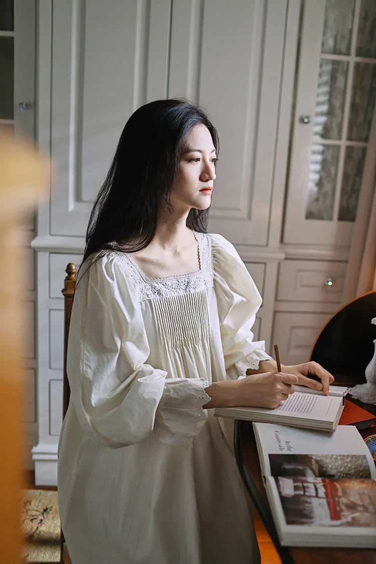 Vintage Soft Cotton Beige Long Nightgowns For Women Long Sleeve Elegant Nightshirts Comfortable Loose Sweet Night Dress 5 Sca8f18db55064aeaa71e8f43fe5a18f1B