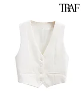 TRAF Women Fashion Front Buttons Cropped Waistcoat Vintage V Neck Sleeveless Female Outerwear Chic Tops