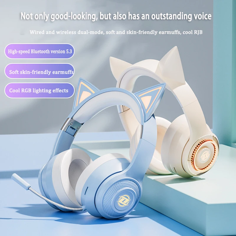 

Cute Cat Ears Headphones Wired Wireless Bluetooth RGB Lighting High Performance Headset with Mic Hifi Stereo Music Gamer Earbuds