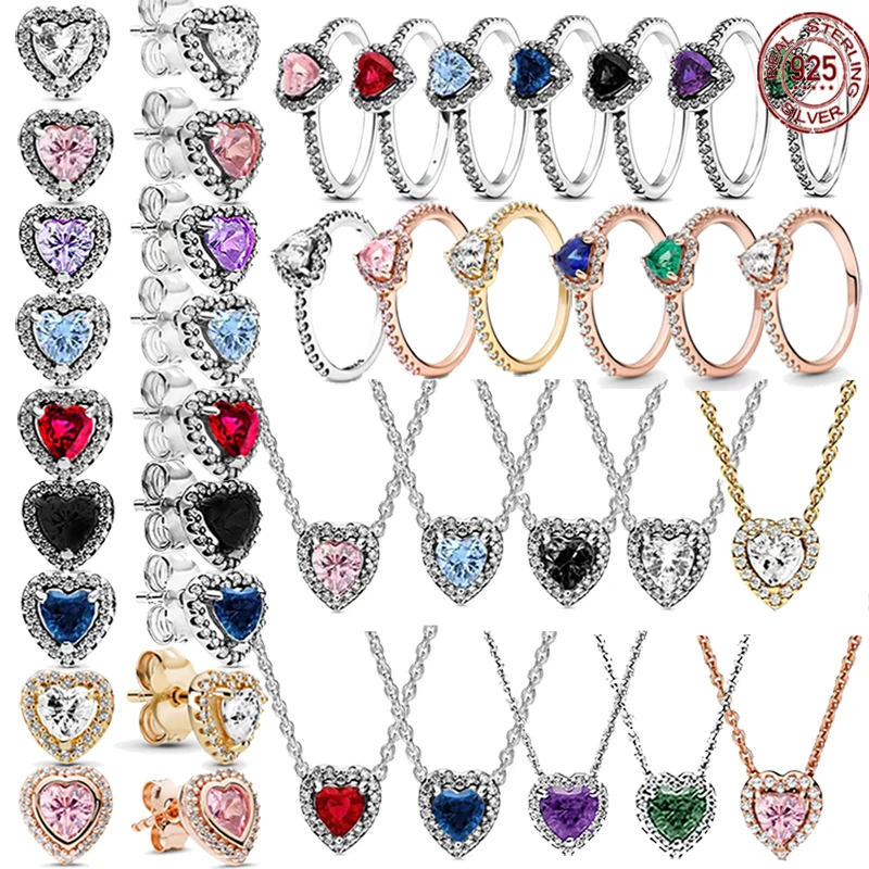 

Hot selling 925 sterling silver heart-shaped colored crystal zircon ring necklace earrings, charming women's jewelry gifts