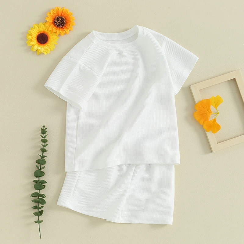 

Toddler Girl Boy Summer Outfit 2T 3T 4T 5T 6T Kids Short Sleeve T-Shirts Shorts Set Waffle Knit Clothes