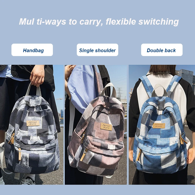 

Spliced Plaid Fashion Women Backpack Large Capacity Denim School Bags For Teenage Girls Daily Versatile College Student Backpack