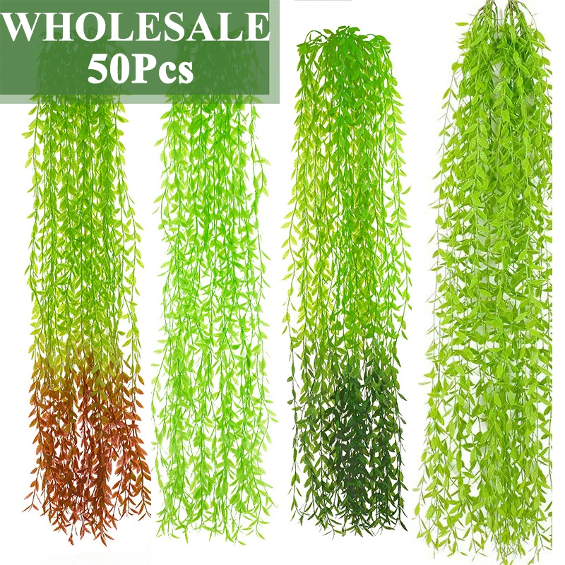 

Wholesale 50pcs Artificial Plant Vine Willow Leaves Wall Hanging Rattan Green Leaf Garland Wedding Party Room Home Garden Decor