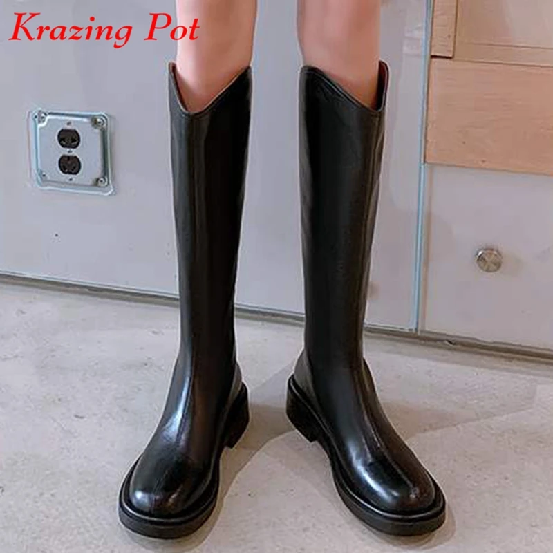 Krazing Pot Cow Split Leather Round Toe Med Heels Riding Boots Korean Girl Simple Style Thick Bottom Basic Zip Thigh High Boots
Krazing Pot Cow Split Leather Round Toe Med Heels Riding Boots Korean Girl Simple Style Thick Bottom Basic Zip Thigh High Boots