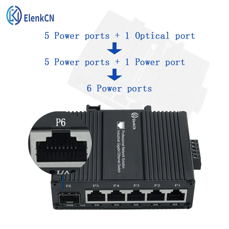 

5 + 1 оптические выключатели питания SFP industrial 4KV Молниезащита 1000M RJ45 10/100/1000BASET интернет poe extend DC 9-56V