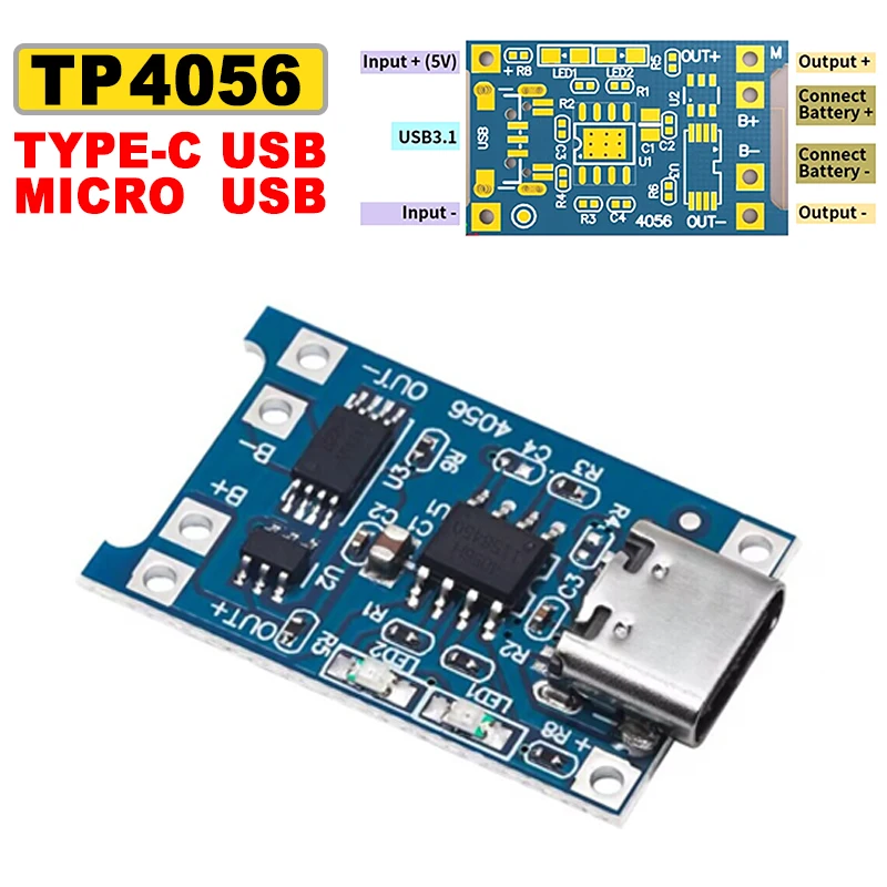 TP4056 Lithium Battery Charger Module 1A Portable Battery Charger Panel Type C Micro USB 4.5V-5V for Lithium Batteries 18650
TP4056 Lithium Battery Charger Module 1A Portable Battery Charger Panel Type C Micro USB 4.5V-5V for Lithium Batteries 18650