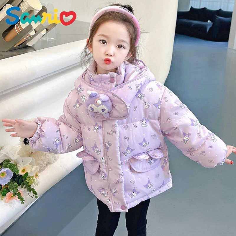 

Anime Kawaii Sanrios Kuromi Plush Thickened Down Jacket Cartoon Printed Baby Winter Warm Girls Clothes Kids Snowsuit Parka Coats