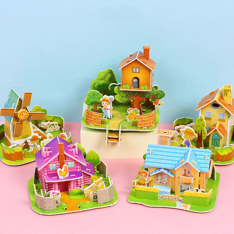 

5Pcs Kids Puzzle Toy 3D Three-dimensional Small Puzzle Creative Parent-child Interaction DIY Handmade Assembled House Kids Gifts