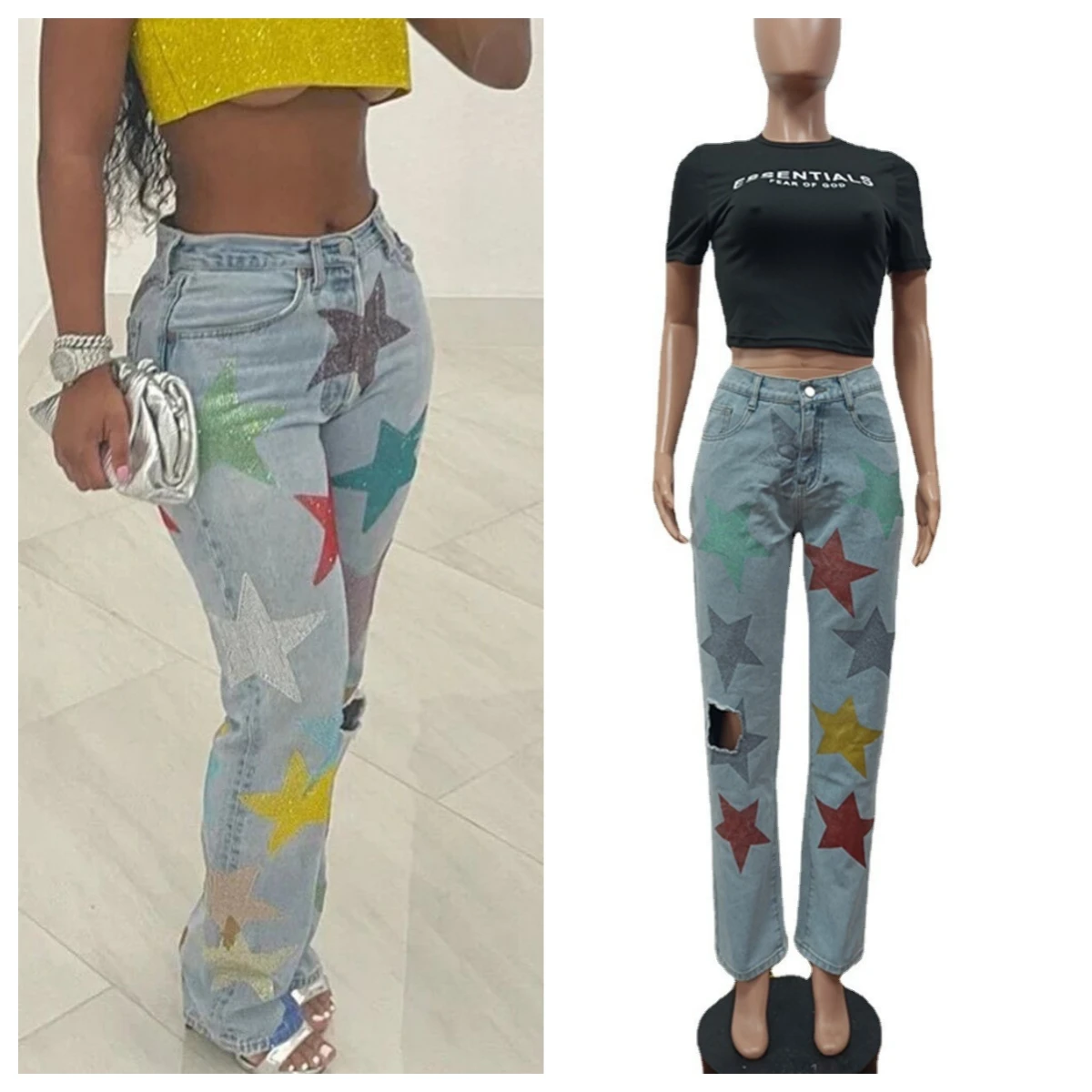Hight Waist Sequin Stars Denim Pants Hole Skinny Pencil Pants Streetwear Summer Blue Jeans Clubwear Women Trousers
Hight Waist Sequin Stars Denim Pants Hole Skinny Pencil Pants Streetwear Summer Blue Jeans Clubwear Women Trousers