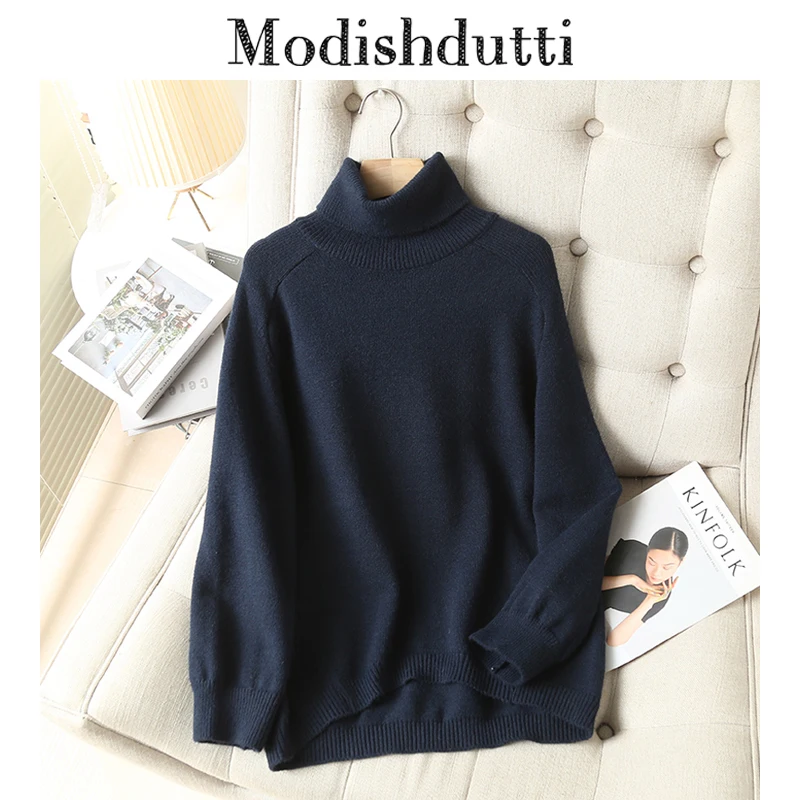 

Modishdutti 2023 High Quality Winter Women Fashion Loose Turtleneck Knitted Sweater Female Solid Casual Long Sleeve Top Pullover