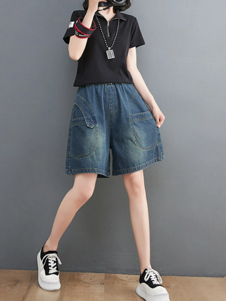 

2022 Summer New Fashion Patches Irregular Washed Ladies Denim Shorts Dark Distressed Loose Short Wide Leg Pants Women Clothing