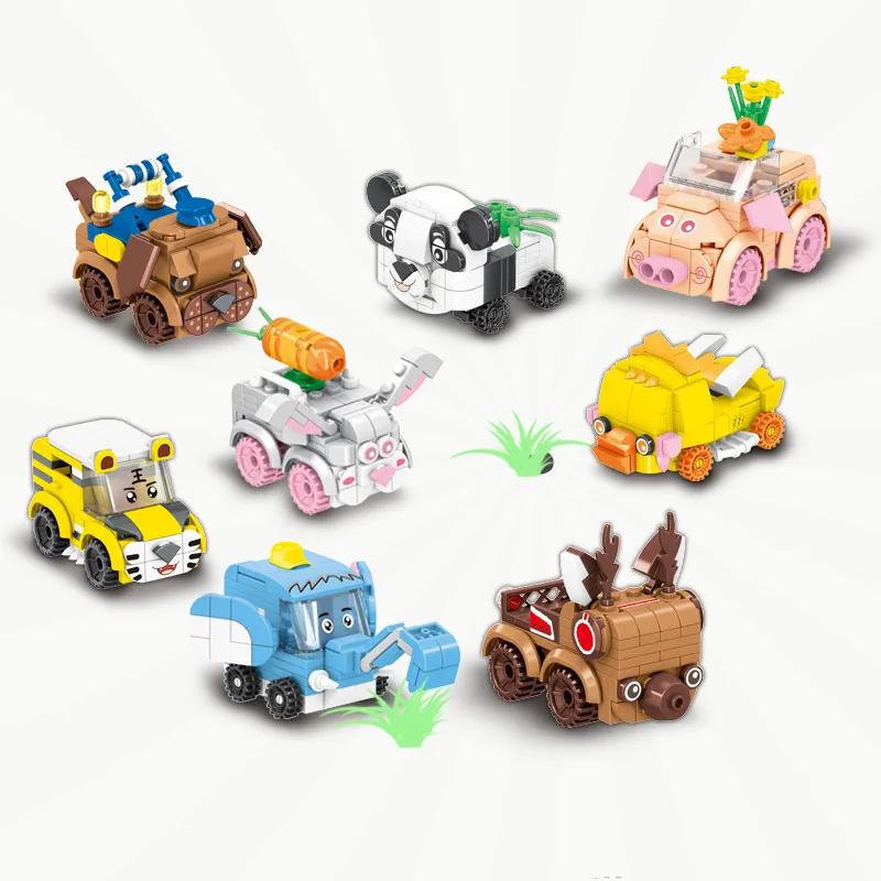 

8Pcs Cartoon Animal Car Block DIY Mini Elephant Tiger Dog Bunny Moose Vehicle Building Brick Educational Toy For Kids