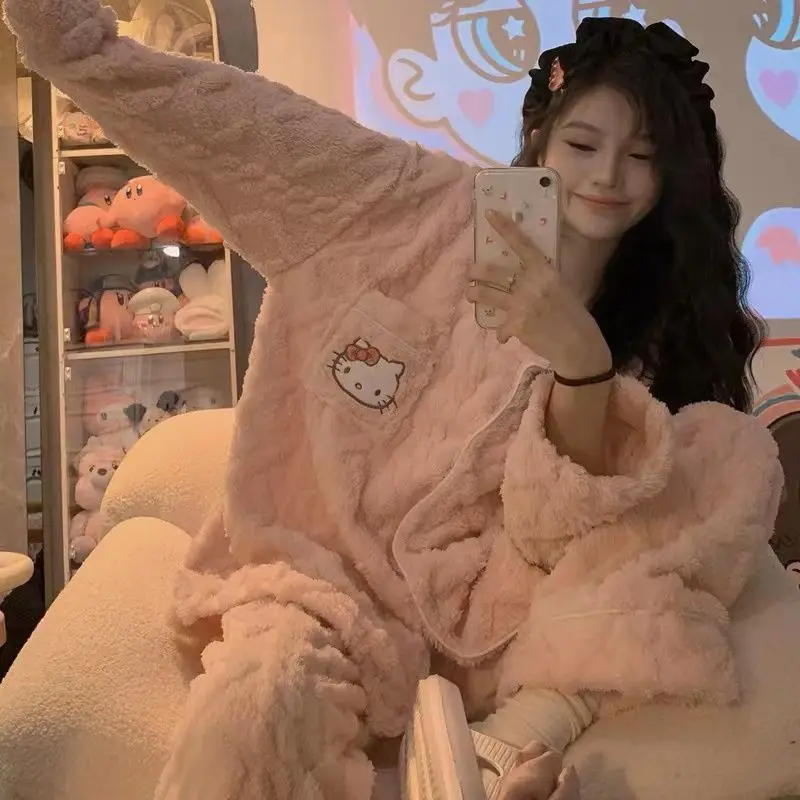 

Kawaii Sanrio Hello Kittys Autumn Winter Coral Velvet Home Pajamas Cute Kuromi Pochacco Warm Hone Pajamas Set Girls Anime Gifts