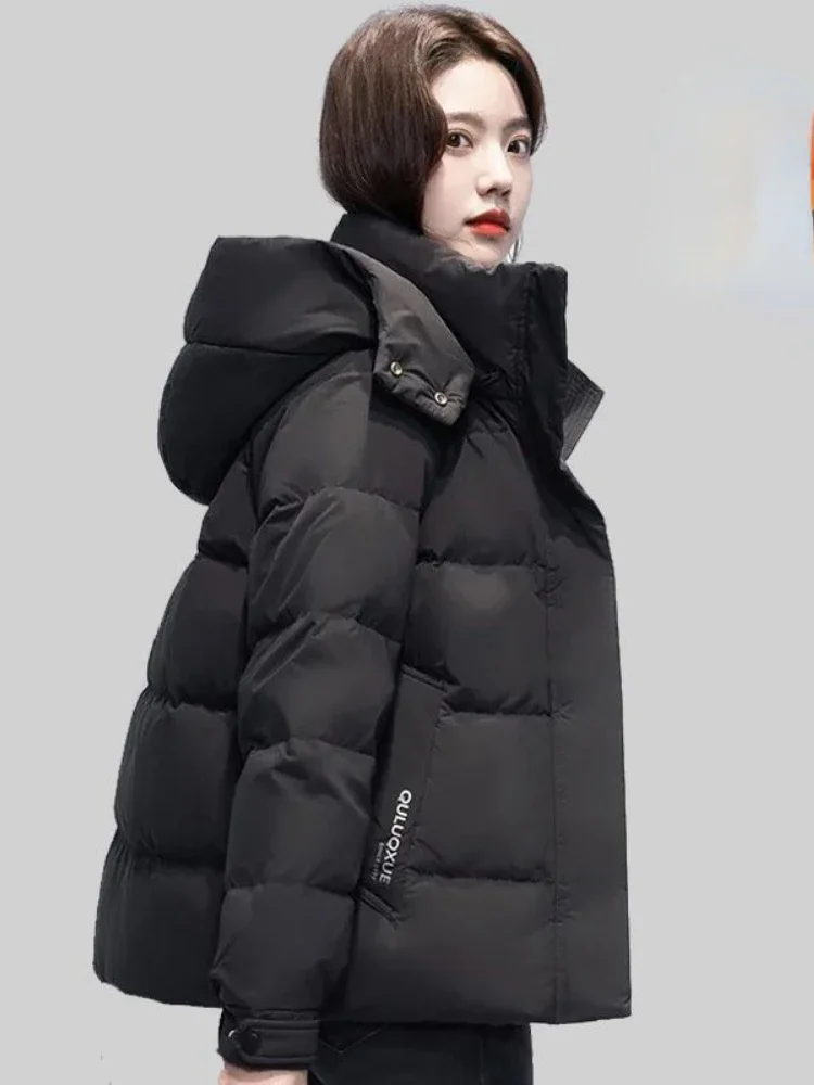 

Women Korean Thick Warm Down Cotton Puffer Jacket Long Sleeve Hooded Parka Winter Coat Pockets Solid Plus Size Loose Overcoat