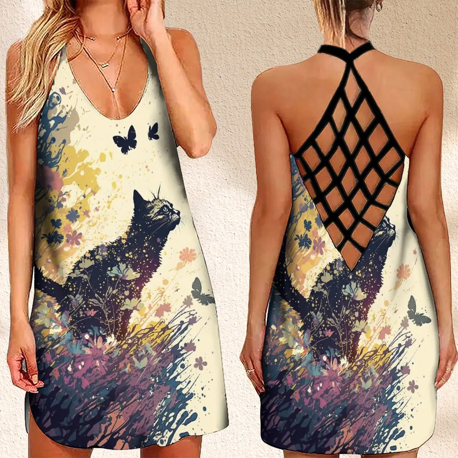 New Women's Criss Cross Backless Sleeveless Dress Summer Cat Butterfly Print Women's Summer Sundresses
New Women's Criss Cross Backless Sleeveless Dress Summer Cat Butterfly Print Women's Summer Sundresses