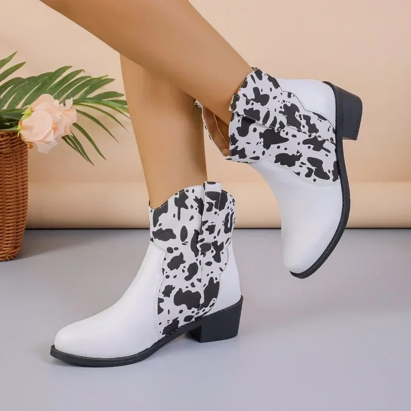 

Женские ботинки с острым носком, белые ботинки без шнуровки, с принтом зебры, на массивном каблуке, в римском стиле, разные цвета, для осени, 2023