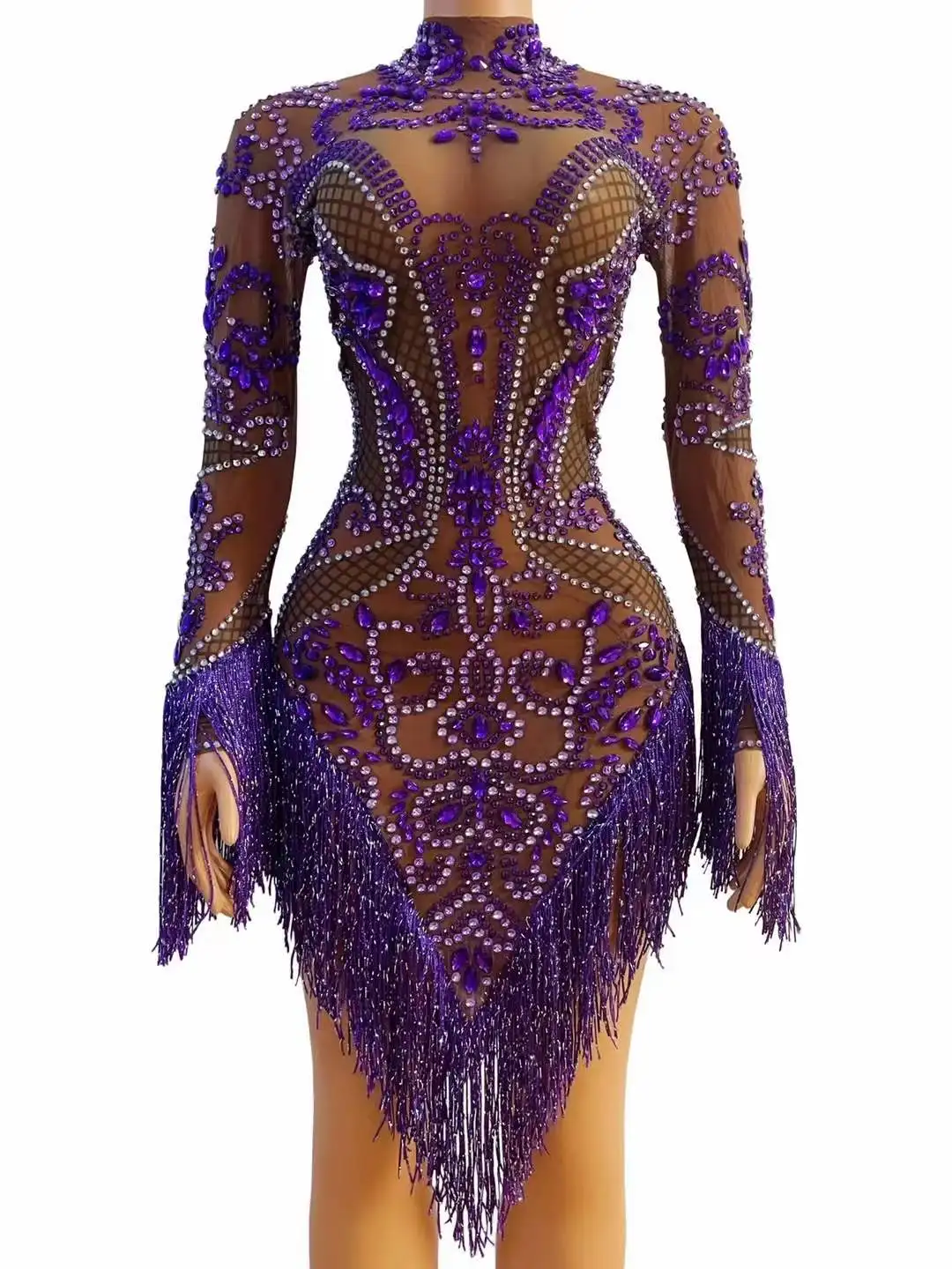 

Purple Tassel Dress For Women Rhinestone Long Sleeve Fringe Drag Queen Outfit DJ DS GoGo Stage Wear Singer Dancer Latin Costume