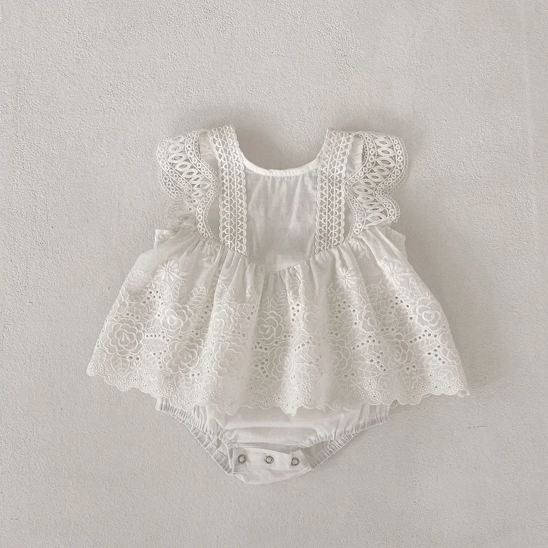 

INS Summer Baby Girl Dress Romper 0-2Years Cute Newborn Princess Solid White Lace Skirted Bodysuit Cotton One-Pieces Clothes