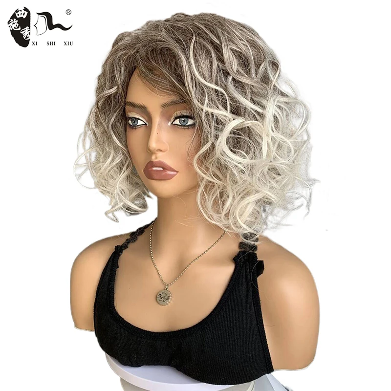 

Short Mixed Gray White Hair Synthetic Wig With Dark Brown Root Side Part Natural Wavy Bob Heat Resistant Fiber Cosplay Daily Wig
