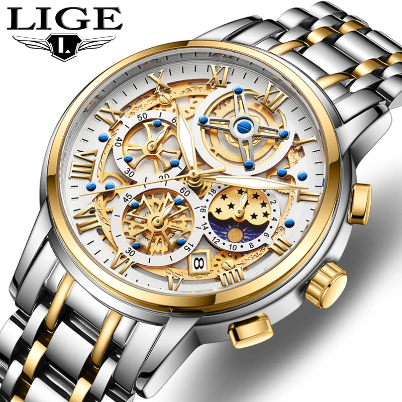 

LIGE Sun Moon Star Quartz Watch for Men Creativity ​Fashion Clock Waterproof Chronograph Stainless Steel Wristwatches 2024 New