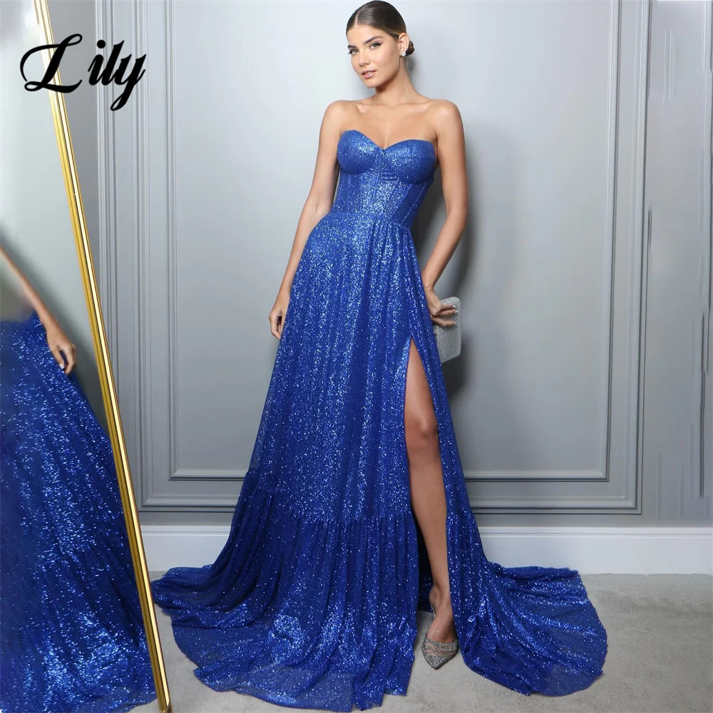 

Lily Navy Blue Charming Prom Dress Sequin Glitter Formal Gown A Line Sweetheart Evening Gown with High Split vestidos de noche