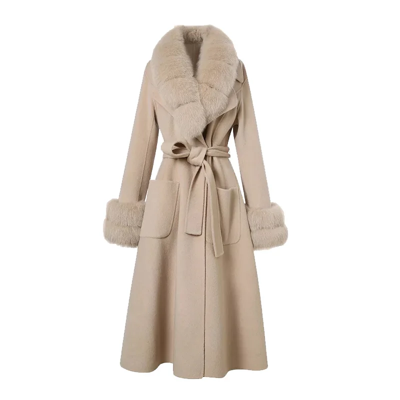 

2023 Ladies New Arrival Fit Elegant Belted Cashmere Long Coat With Real Fox Fur Collar Cuff Slim Winter jacket Women Wool Coats