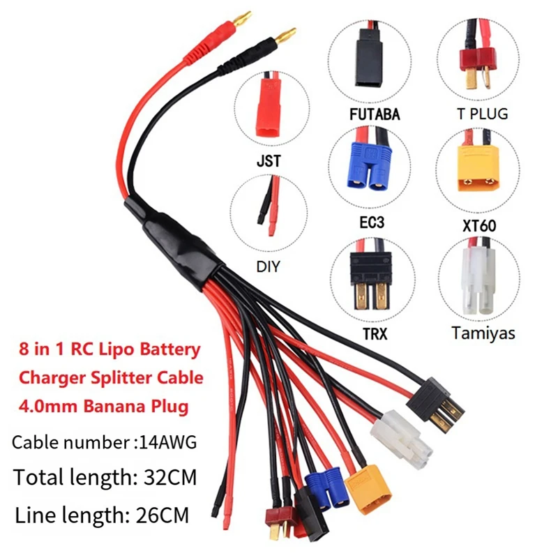 

8 In 1 RC Lipo Battery Charger Splitter Cable Adapter Connector 4.0Mm Banana Plug To JST T Plug XT60 EC3 Futabas Tamiyas Durable