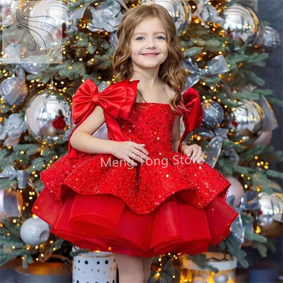

Toddler Baby Girl Birthday Dress Big Bow Long Sleeves Feather Princess Pageant Wedding Prom Dresses with Train