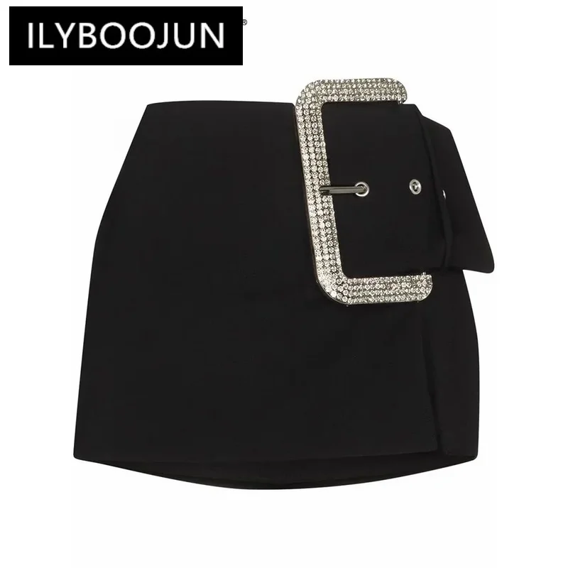 

ILYBOOJUN Black Patchwork Diamond Skirt For Women High Waist Irregular Hem Solid Mini Skirts Female Summer Clothing Style New