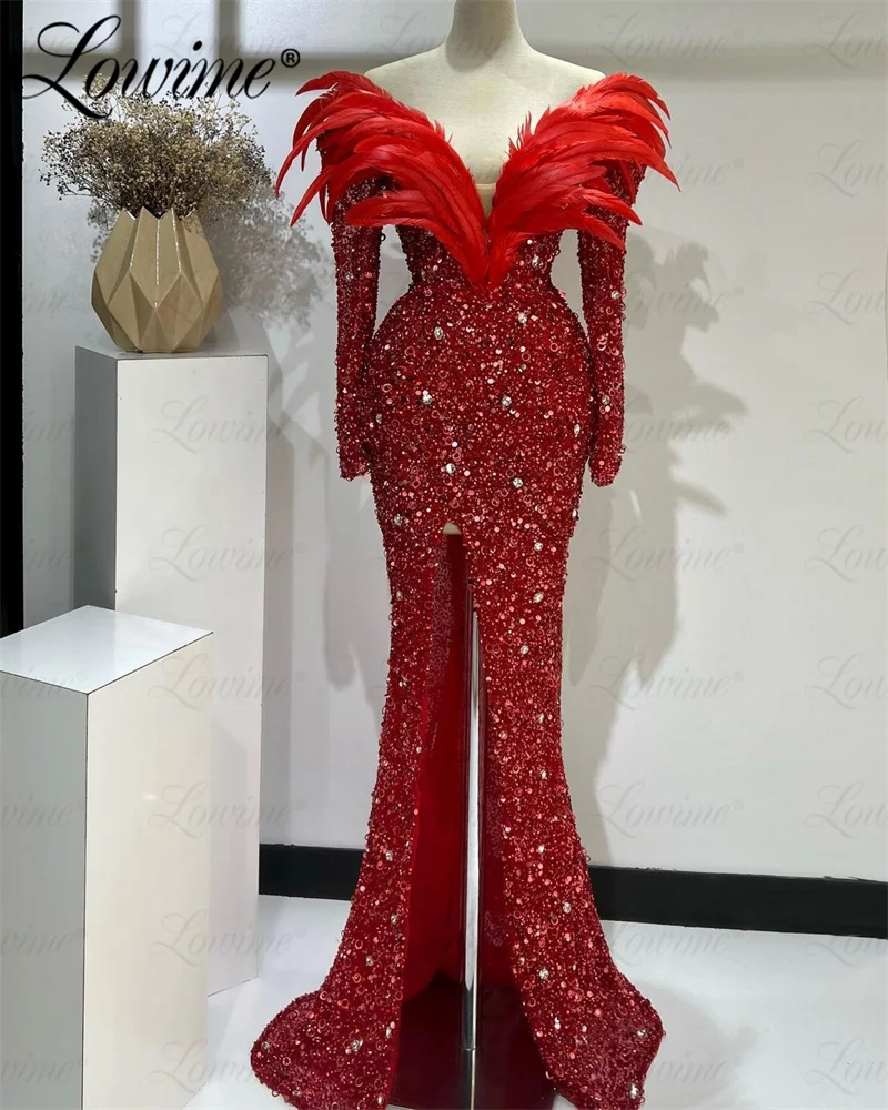 

V Neck Feather Red Evening Dress Long Sleeve Plus Size Celebrity Dresses 2024 Dubai Arabic Mermaid Formal Party Gown For Wedding