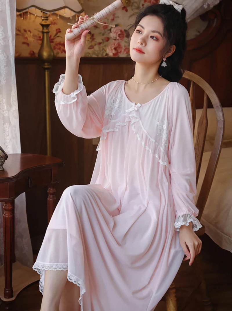 

Women Long Sleeve Modal Ruffles Mesh Vintage Nightdress Spring Victorian Princess Embroidered Lace Pajama Nightgown Sleepwear
