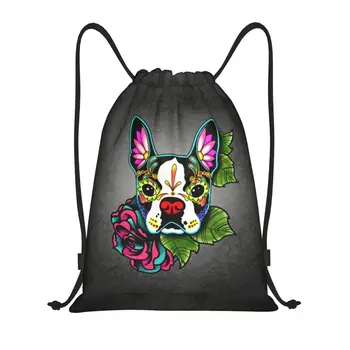 Day Of The Dead Boston Terrier Drawstring Backpack Bags Men Lightweight Sugar Skull Dog Gym Sports Sackpack Sacks for Traveling