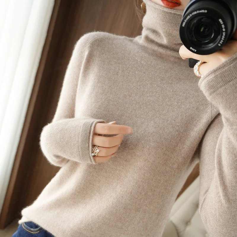 

Women Sweater Autumn Winter Turtleneck Warm Knitwear Korean Casual Solid Bottoming Shirt Fashion Knit Pullovers Brown Sweater