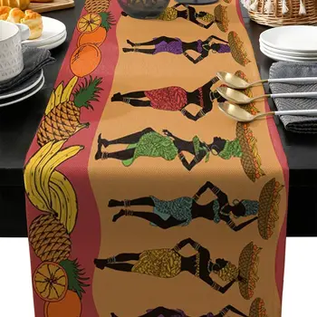 흑인 아프리카 여성 실루엣 린넨 테이블 러너 드레서 스카프 테이블 장식, 오렌지 주방 테이블 러너 파티 장식