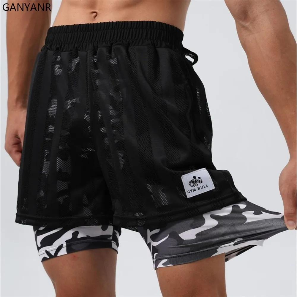 

GANYANR Running Shorts Men Double Layer 2 In 1 with liner Compression Tights Marathon Pocket Leggings gym Sports Football Soccer