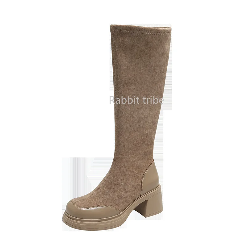 

2024 New Rabbit Tribe Thick Sole Fashion Tall Boots Elastic Boots Suede High Tube Thick Heel Long Tube Women's Boots