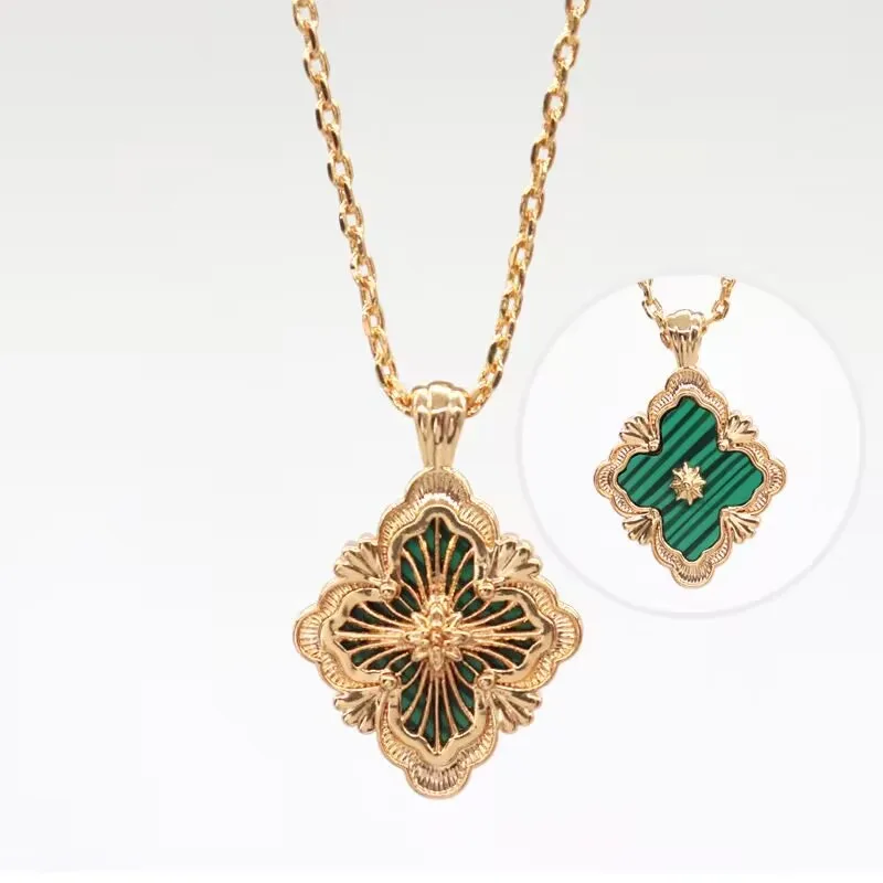 

Luxury Famous Brand Steel Pink Red Green Clover Natural Turquoise Agate Malachite Pendant Necklace Italian Four Leaf Jewelry