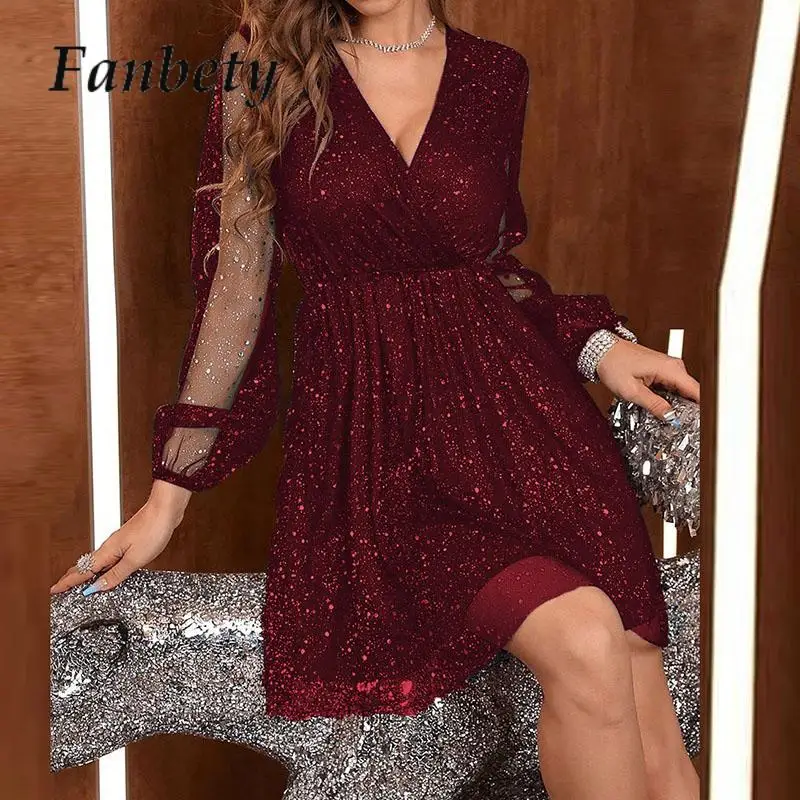 Elegant Mesh Splice Sequins Mini Dress Women Fashion V-Neck Long Sleeve Party Dress Ladies Temperament High Waits Pleat Dresses
Elegant Mesh Splice Sequins Mini Dress Women Fashion V-Neck Long Sleeve Party Dress Ladies Temperament High Waits Pleat Dresses