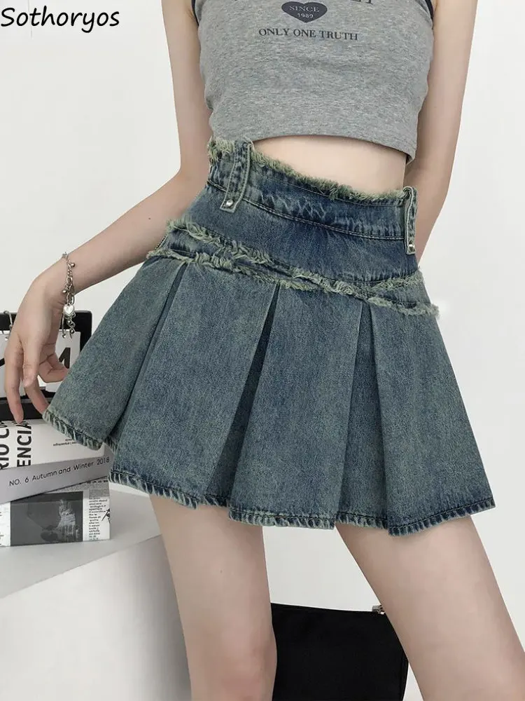 Denim Skirts Women Mini Fashion Simple Folds Design Vintage All-match A-line Daily High Waist Do Old Summer American Style New
Denim Skirts Women Mini Fashion Simple Folds Design Vintage All-match A-line Daily High Waist Do Old Summer American Style New
