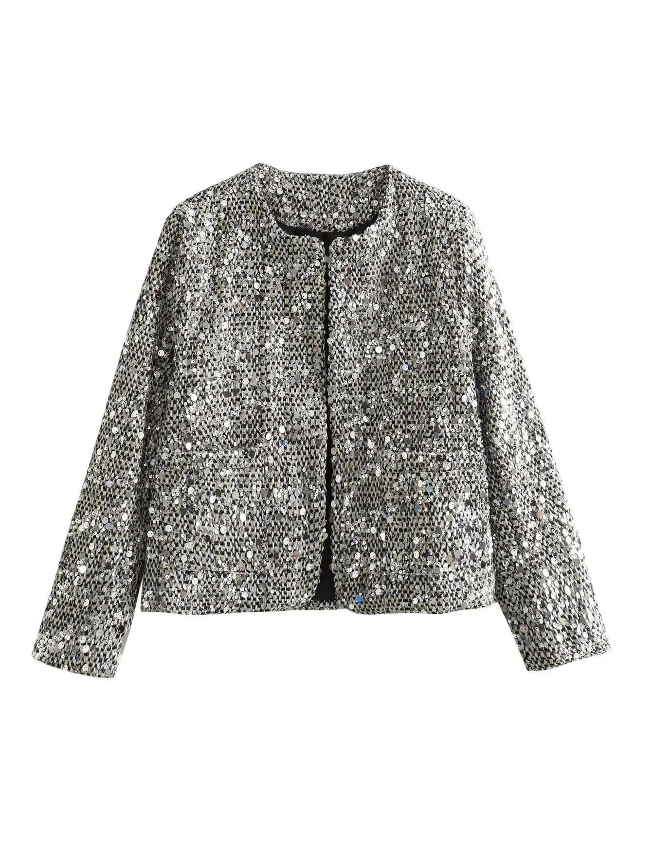 Plus Size Women's Clothing Coat Spring And Autumn Collarless Long-Sleeved Cardigan The Whole Dress Covered With Silver Sequins
Plus Size Women's Clothing Coat Spring And Autumn Collarless Long-Sleeved Cardigan The Whole Dress Covered With Silver Sequins