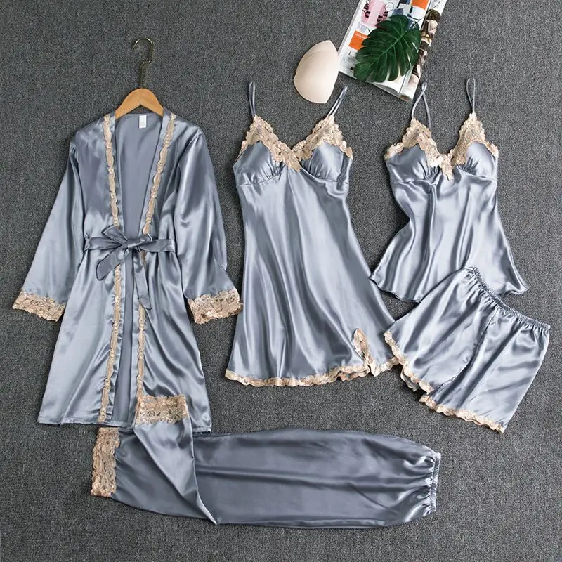 New Women's Silk Pajamas with Chest Pads Spring Autumn and Summer Five Piece Set Sexy Suspender Dress Long Sleeved Home Clothing
New Women's Silk Pajamas with Chest Pads Spring Autumn and Summer Five Piece Set Sexy Suspender Dress Long Sleeved Home Clothing
