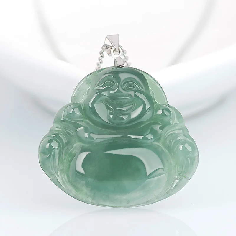 

Jiale/925 Silver Inlay Natural Jade Oil Green Maitreya Buddha Necklace Pendant Emerald Jewelry Accessories Fashion Couple Amulet