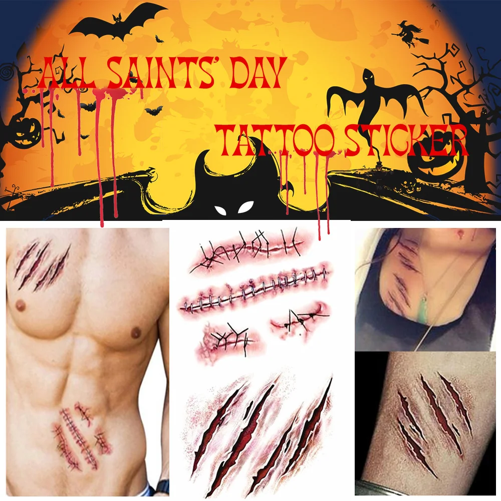 

Halloween Zombie Scars Tattoos Waterproof 3D Bite Mark Tattoo Sticker With Fake Scab Blood Special Costume Small Neck Fake Tatoo