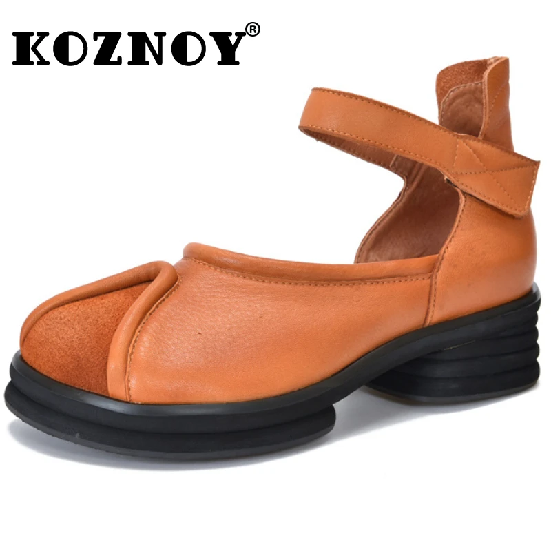 

Koznoy 5cm Platform Sandals Natural Cow Genuine Leather Thick Soled Moccasins Hook Round Toe Ladies Wedges Summer Women Shoes